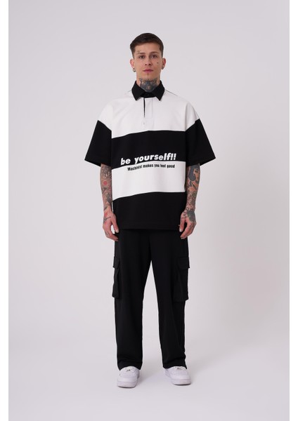 Erkek Be Yourself Polo Yaka Oversize Siyah Tişört