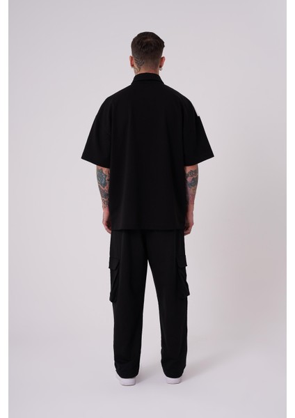 Erkek Be Yourself Polo Yaka Oversize Siyah Tişört