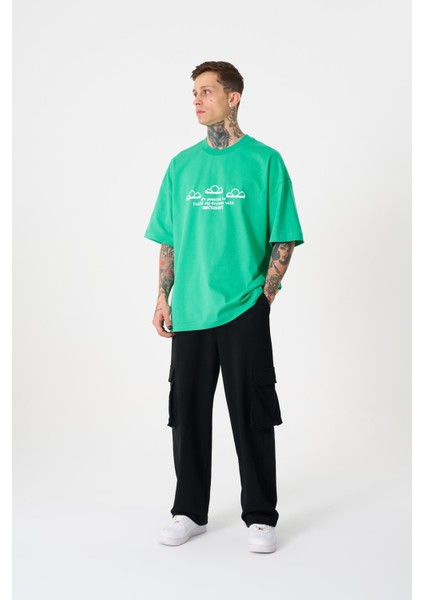 Erkek Dream Rob Baskılı Oversize Açık Yeşil Tişört
