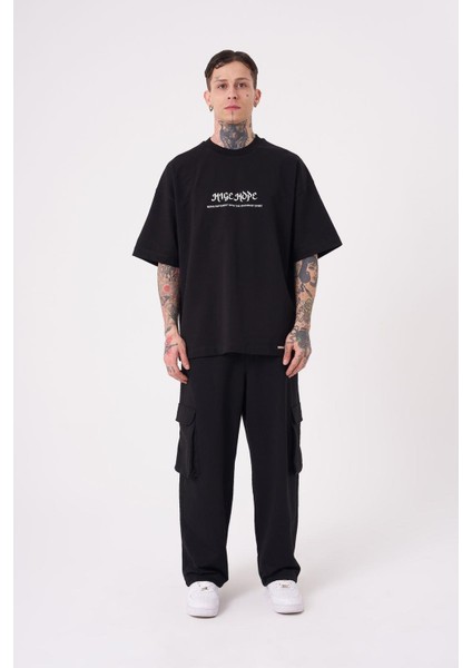 Erkek High Hope Baskılı Oversize Siyah Tişört