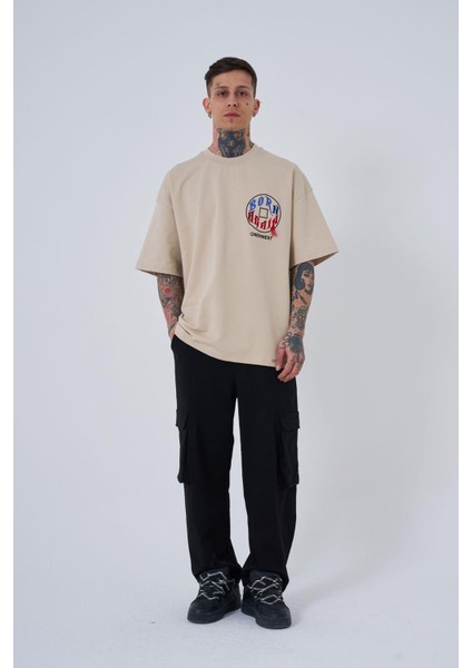 Erkek Just Wait Baskılı Oversize Açık Bej Tişört