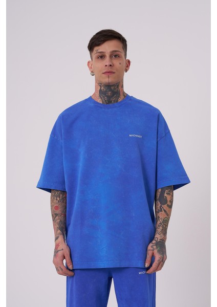 Erkek Luxury Yıkamalı Basic Oversize Açık Mavi Spotted Tişört