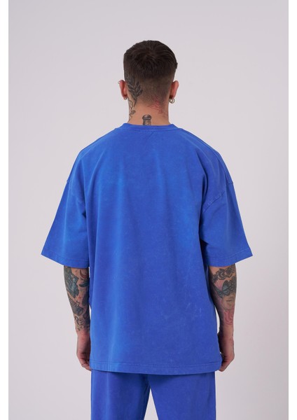 Erkek Luxury Yıkamalı Basic Oversize Açık Mavi Spotted Tişört fiyatları