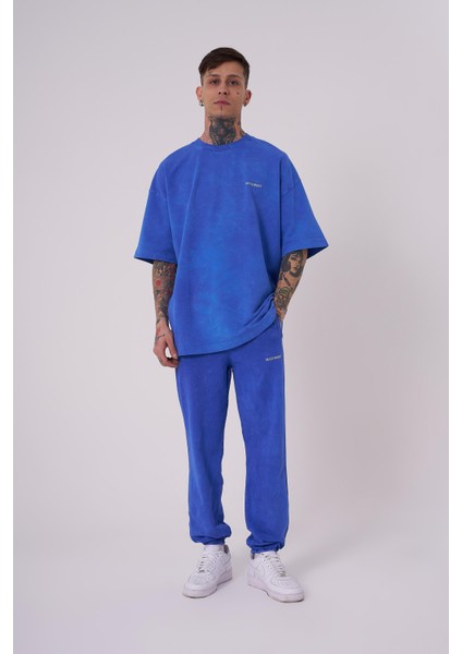 Erkek Luxury Yıkamalı Basic Oversize Açık Mavi Spotted Tişört modelleri
