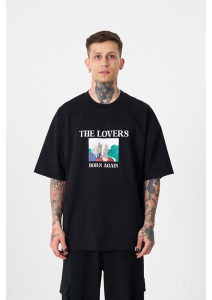 Erkek The Lovers Baskılı Oversize Siyah Tişört
