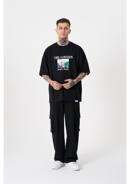 Erkek The Lovers Baskılı Oversize Siyah Tişört