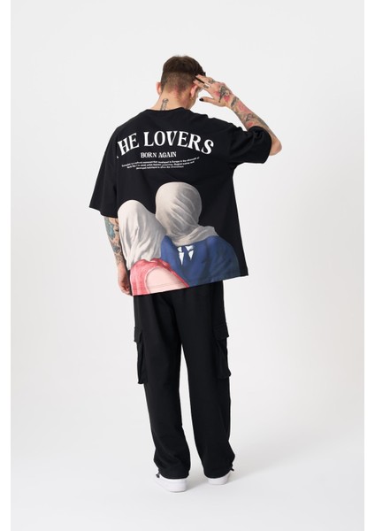 Erkek The Lovers Baskılı Oversize Siyah Tişört