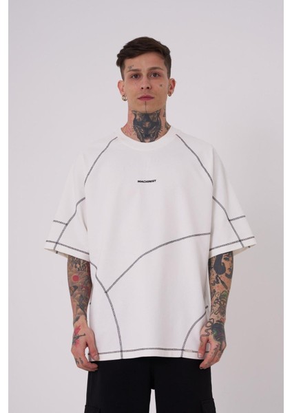 Erkek Stradie Dikiş Detay Oversize Ekru Tişört