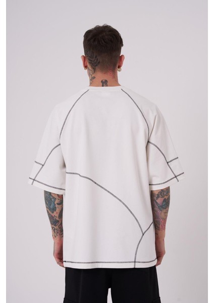 Erkek Stradie Dikiş Detay Oversize Ekru Tişört