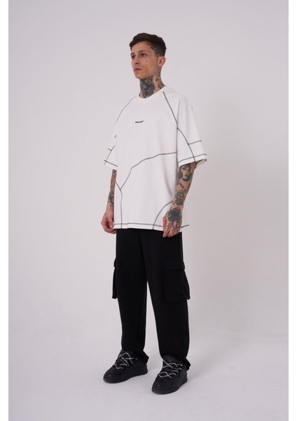 Erkek Stradie Dikiş Detay Oversize Ekru Tişört