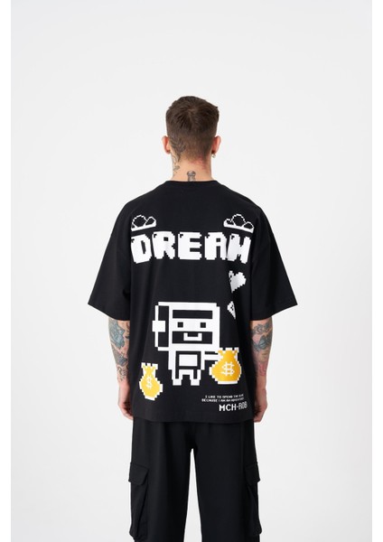 Erkek Dream Rob Baskılı Oversize Siyah Tişört