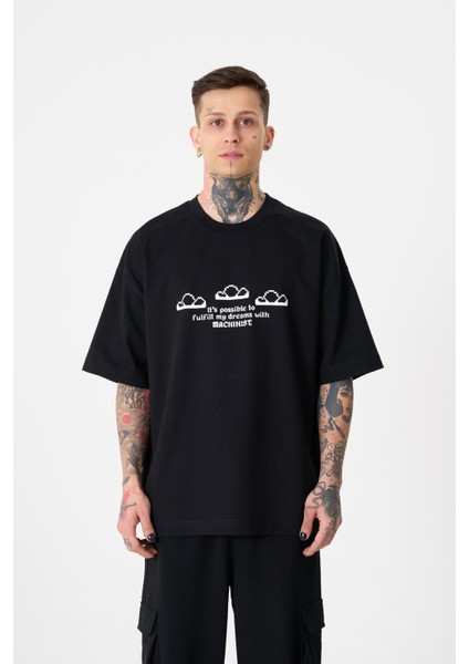 Erkek Dream Rob Baskılı Oversize Siyah Tişört