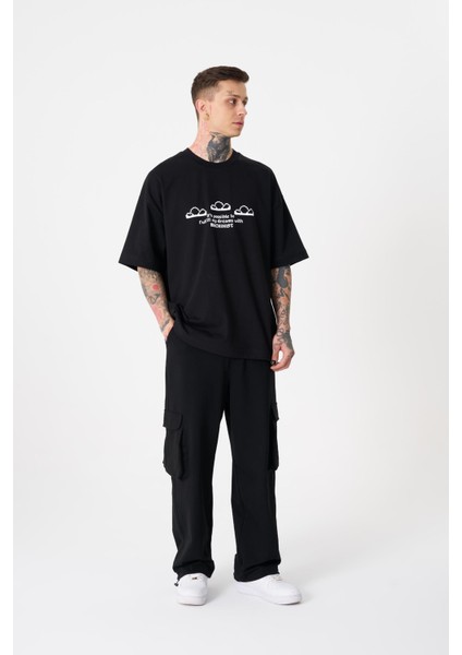 Erkek Dream Rob Baskılı Oversize Siyah Tişört