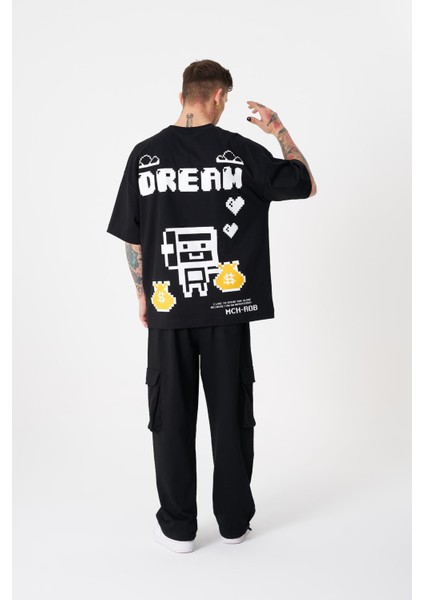 Erkek Dream Rob Baskılı Oversize Siyah Tişört