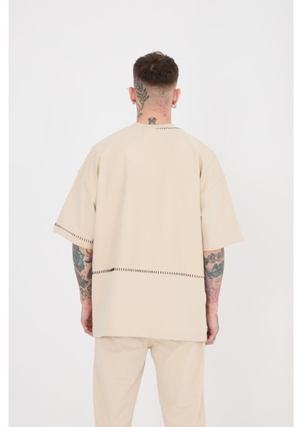 Erkek Blanket Stitch Oversize Açık Bej Tişört