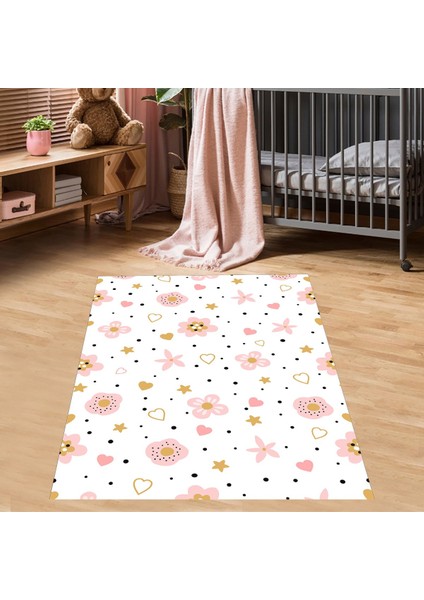 Pembe Çiçek Desenli Kalpli Yıldızlı Dijital Baskı Yıkanabilir Kaymaz Leke Tutmaz Çocuk Odası Halısı