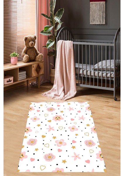 Pembe Çiçek Desenli Kalpli Yıldızlı Dijital Baskı Yıkanabilir Kaymaz Leke Tutmaz Çocuk Odası Halısı modelleri