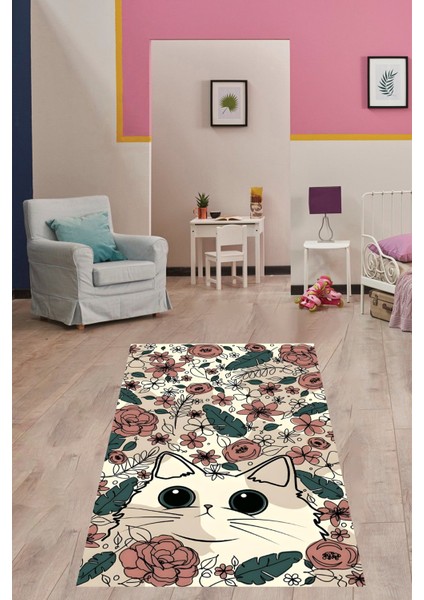 Çiçekler Arasındaki Kedi Yıkanabilir Kaymaz Taban Leke Tutmaz Çocuk Odası Halısı