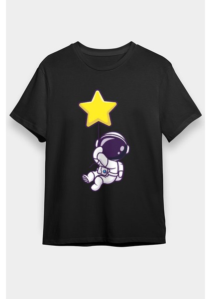 Yıldız Tutan Şirin Astronot Siyah Unisex Tişört T-Shirt