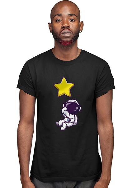 Yıldız Tutan Şirin Astronot Siyah Unisex Tişört T-Shirt modelleri