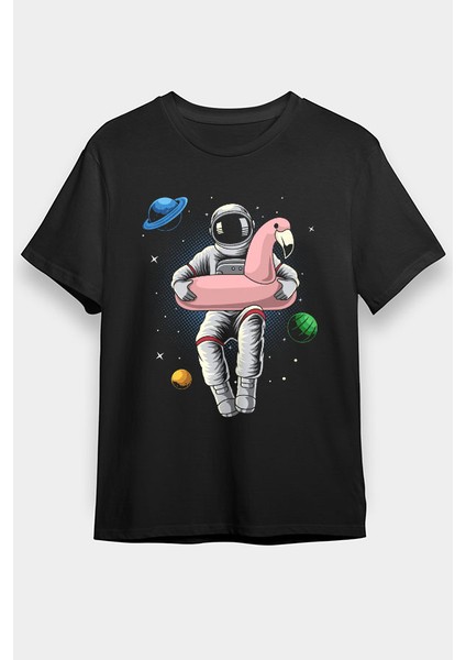 Pelikan Can Simidi ve Astronot Siyah Unisex Tişört T-Shirt