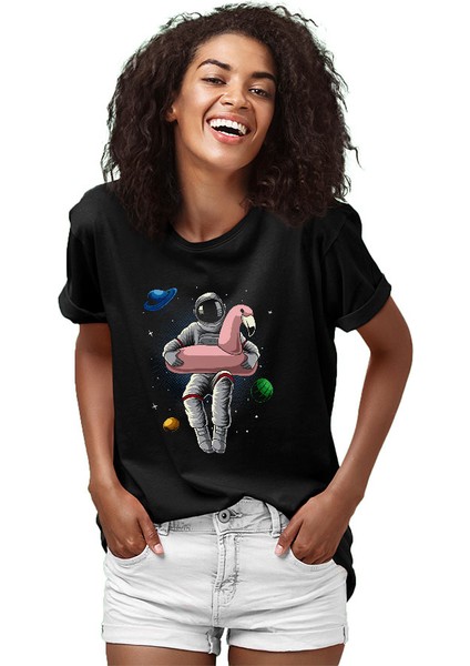Pelikan Can Simidi ve Astronot Siyah Unisex Tişört T-Shirt