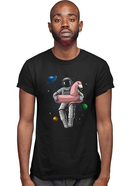 Pelikan Can Simidi ve Astronot Siyah Unisex Tişört T-Shirt