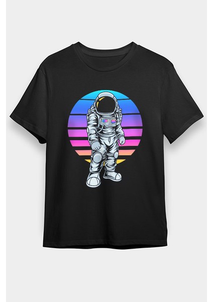 Retro Astronot Siyah Unisex Tişört T-Shirt