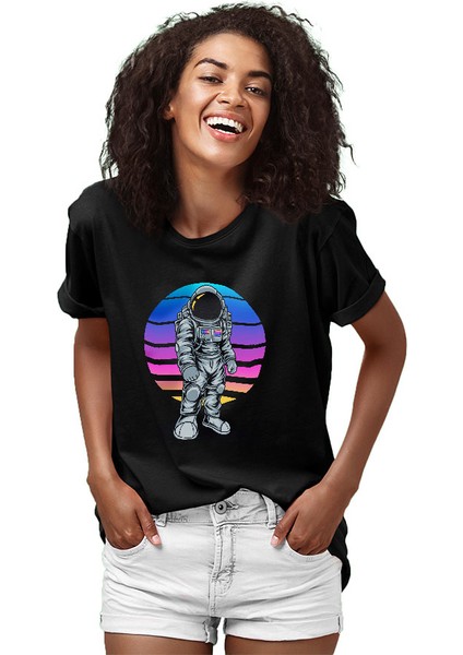Retro Astronot Siyah Unisex Tişört T-Shirt