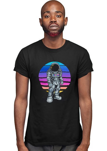 Retro Astronot Siyah Unisex Tişört T-Shirt