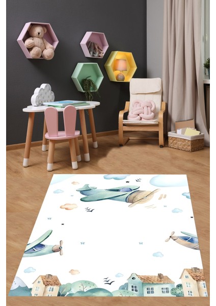 Uçaklar Bulutlar Yıldızlar Yıkanabilir Kaymaz Taban Leke Tutmaz Çocuk Odası Halısı
