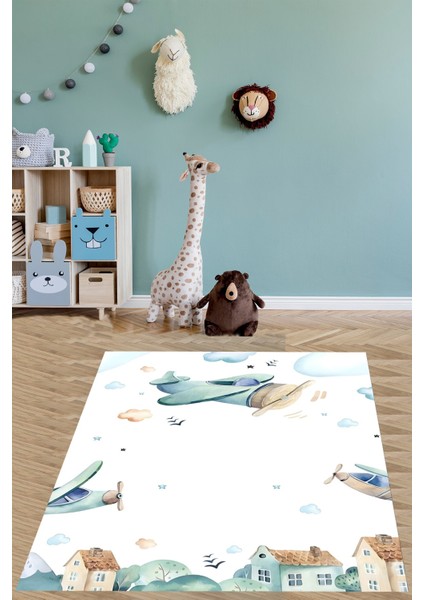 Uçaklar Bulutlar Yıldızlar Yıkanabilir Kaymaz Taban Leke Tutmaz Çocuk Odası Halısı fiyatları