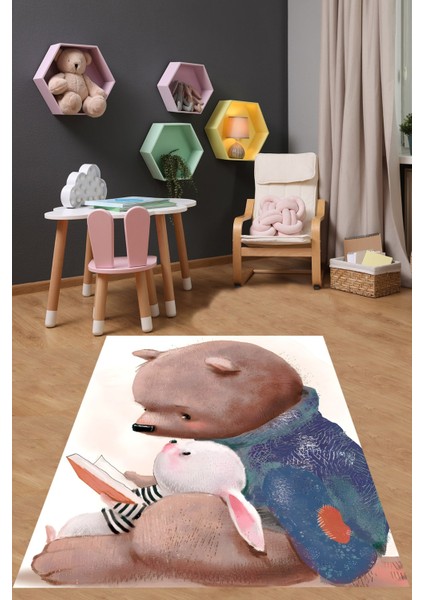 Masalcı Ayı ve Tavşan Yıkanabilir Kaymaz Taban Leke Tutmaz Çocuk Odası Halısı fiyatları