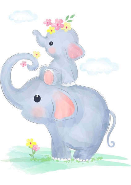 Fil ve Yavrusu Filli Kalp Çiçek Bulutlu Yıkanabilir Kaymaz Taban Leke Tutmaz Çocuk Odası Halısı modelleri