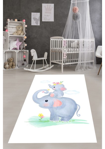 Fil ve Yavrusu Filli Kalp Çiçek Bulutlu Yıkanabilir Kaymaz Taban Leke Tutmaz Çocuk Odası Halısı