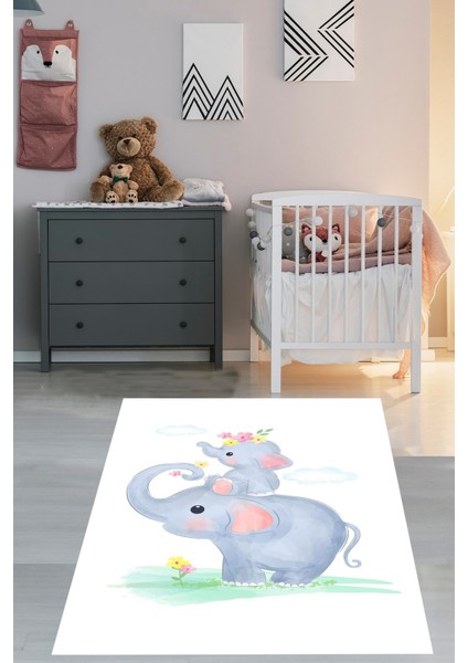Fil ve Yavrusu Filli Kalp Çiçek Bulutlu Yıkanabilir Kaymaz Taban Leke Tutmaz Çocuk Odası Halısı fiyatları