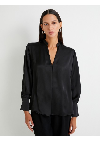 Saten Bluz V Yaka Uzun Kollu modelleri