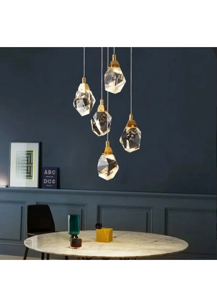 A+ Luxury Modern Kristalize Cam Sarkıt Beşli LED Avize Gold Sarı