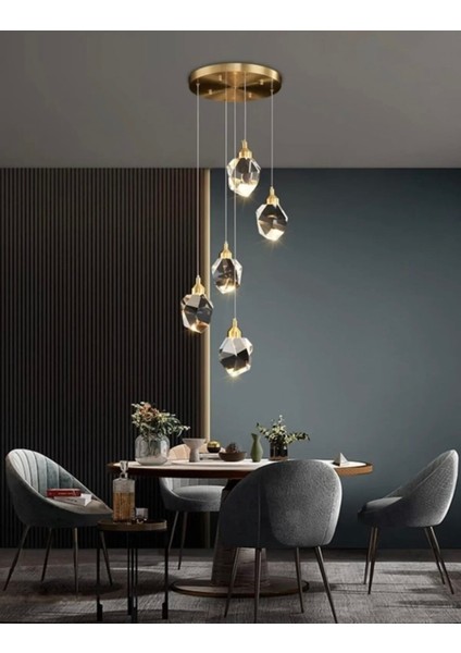 A+ Luxury Modern Kristalize Cam Sarkıt Beşli LED Avize Gold Sarı