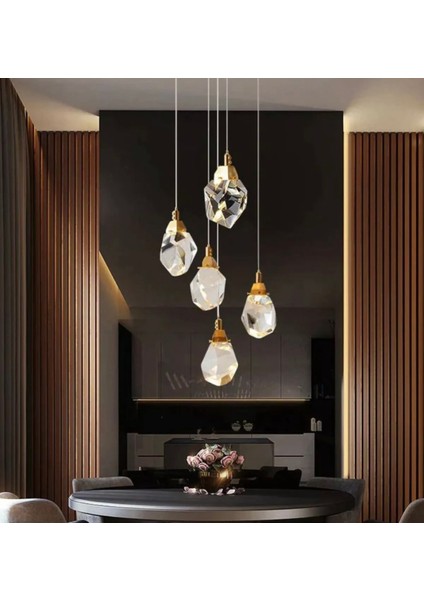 A+ Luxury Modern Kristalize Cam Sarkıt Beşli LED Avize Gold Sarı