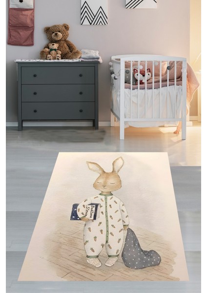 Uyuyan Tavşancık Yıkanabilir Kaymaz Taban Leke Tutmaz Çocuk Odası Halısı