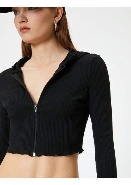 Crop Kapüşonlu Fermuarlı Hırka Uzun Kollu Slim Fit