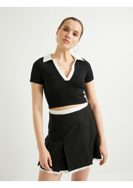 Polo Yaka Crop Tişört Renk Kontrastlı Kısa Kollu Slim Fit