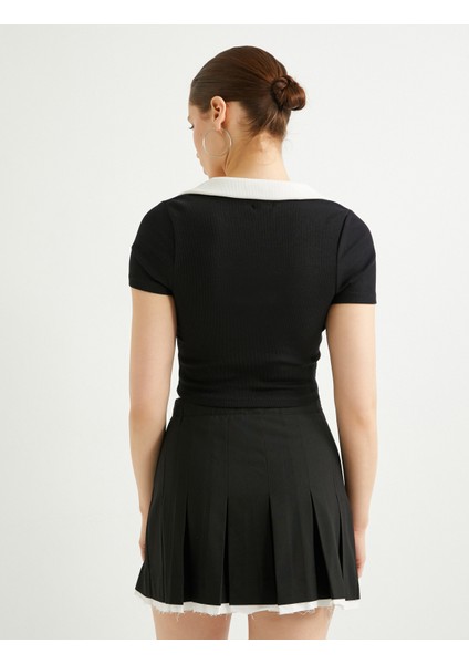 Polo Yaka Crop Tişört Renk Kontrastlı Kısa Kollu Slim Fit