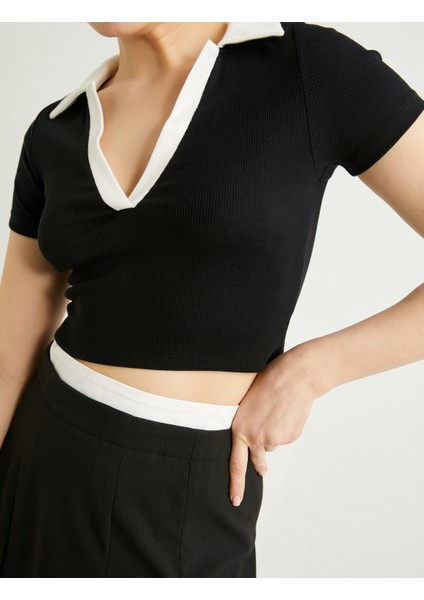 Polo Yaka Crop Tişört Renk Kontrastlı Kısa Kollu Slim Fit