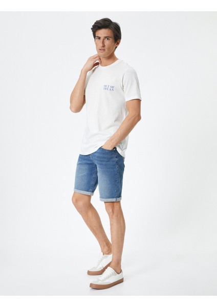 Kot Şort Slim Fit Düğmeli Cepli Katlı Paça Detaylı