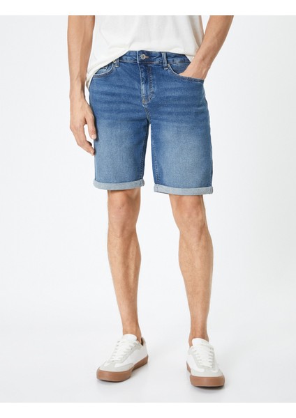 Kot Şort Slim Fit Düğmeli Cepli Katlı Paça Detaylı