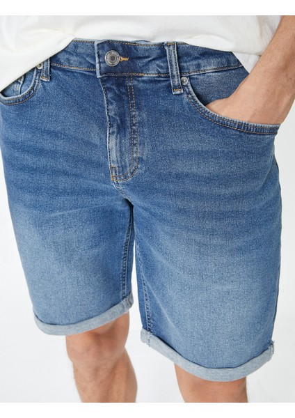 Kot Şort Slim Fit Düğmeli Cepli Katlı Paça Detaylı