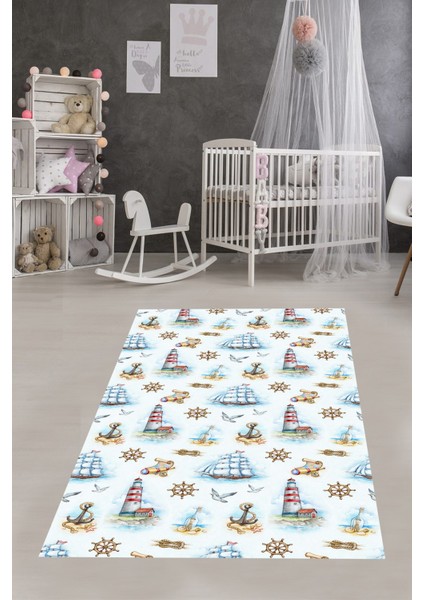 Marin Desenli Deniz Feneri ve Yelkenli Denizci Yıkanabilir Kaymaz Taban Leke Tutmaz Çocuk Odası Halısı