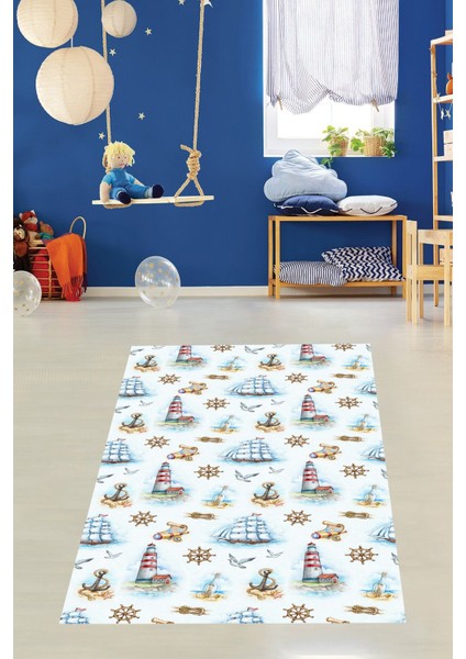 Marin Desenli Deniz Feneri ve Yelkenli Denizci Yıkanabilir Kaymaz Taban Leke Tutmaz Çocuk Odası Halısı fiyatları